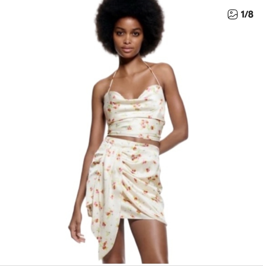 Zara Cream Floral Halter Crop Top and Skirt Set